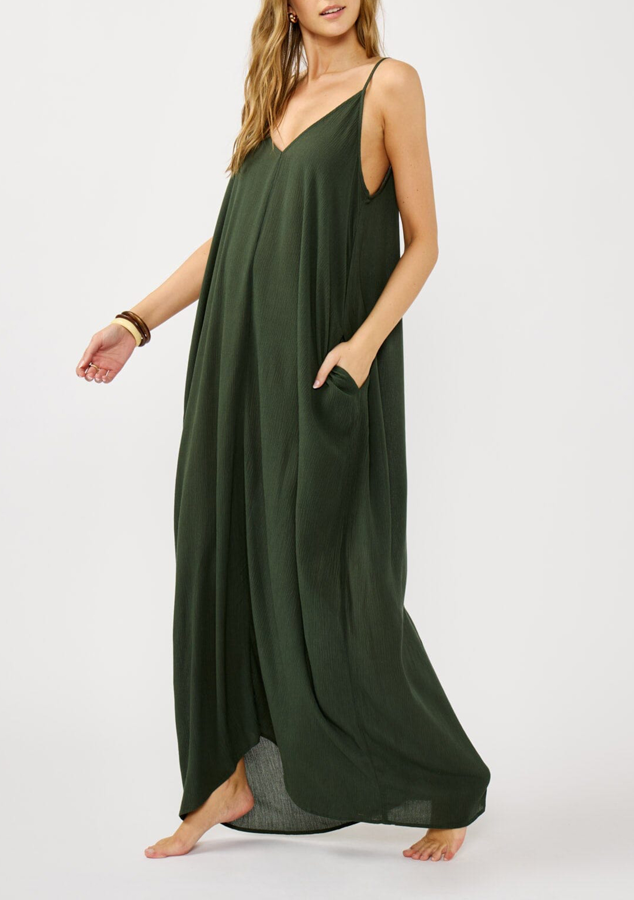 V-Neck Maxi Cami Dress with Pockets - notariosoax