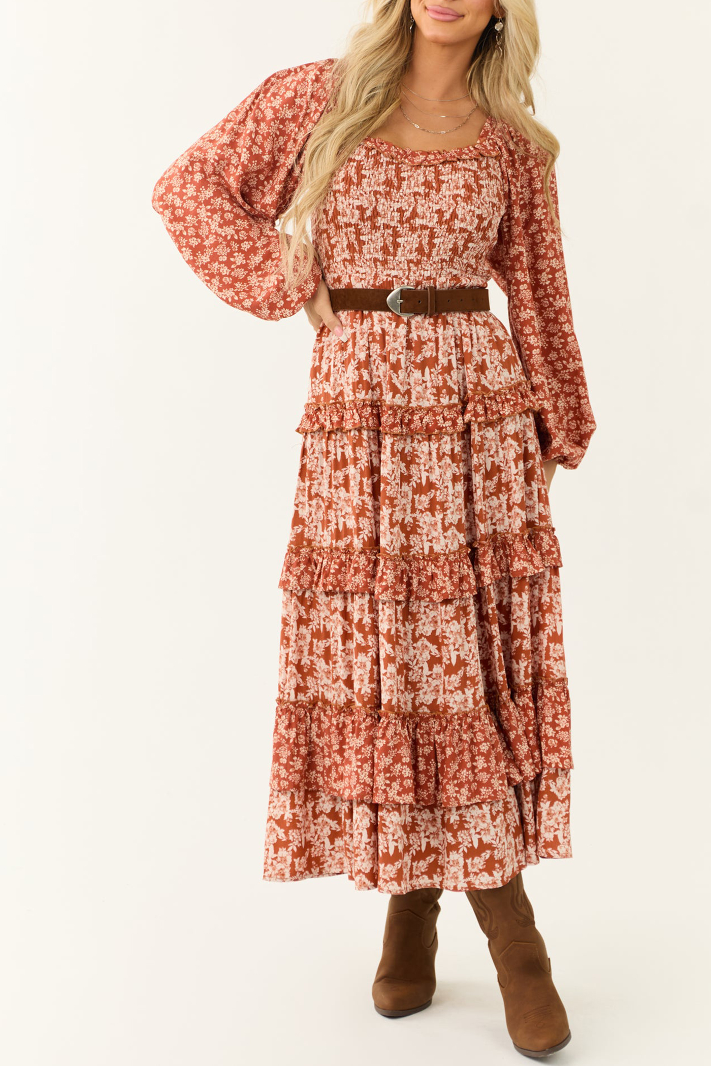 Rust Floral Print Tiered Ruffle Maxi Dress - notariosoax