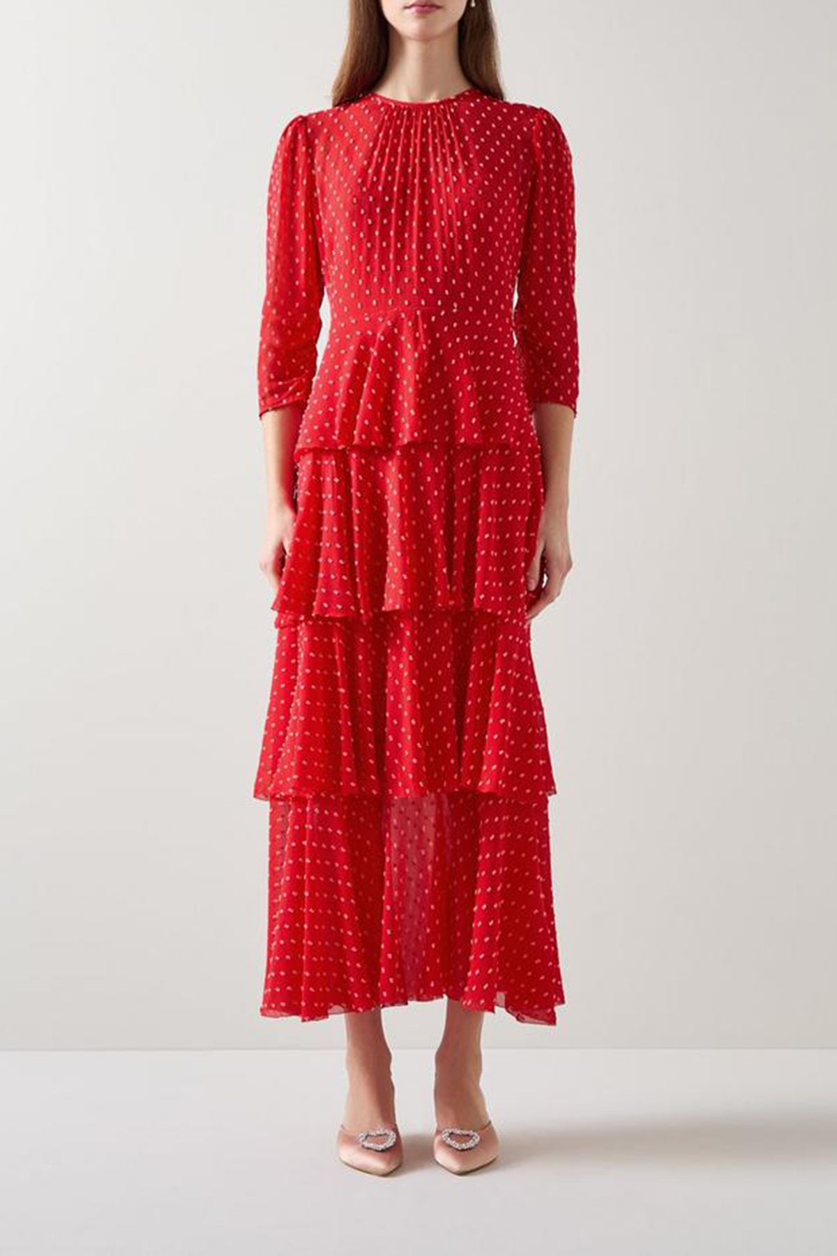 Red Polka Dot Tiered Midi Dress - notariosoax