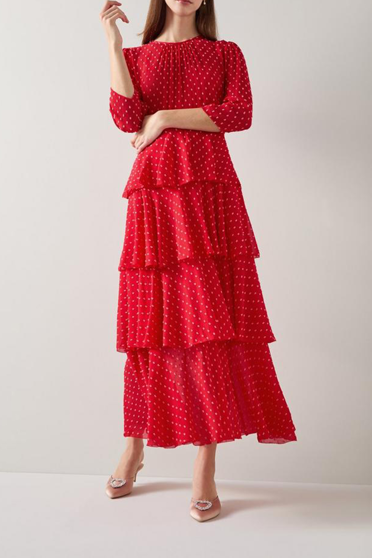 Red Polka Dot Tiered Midi Dress - notariosoax