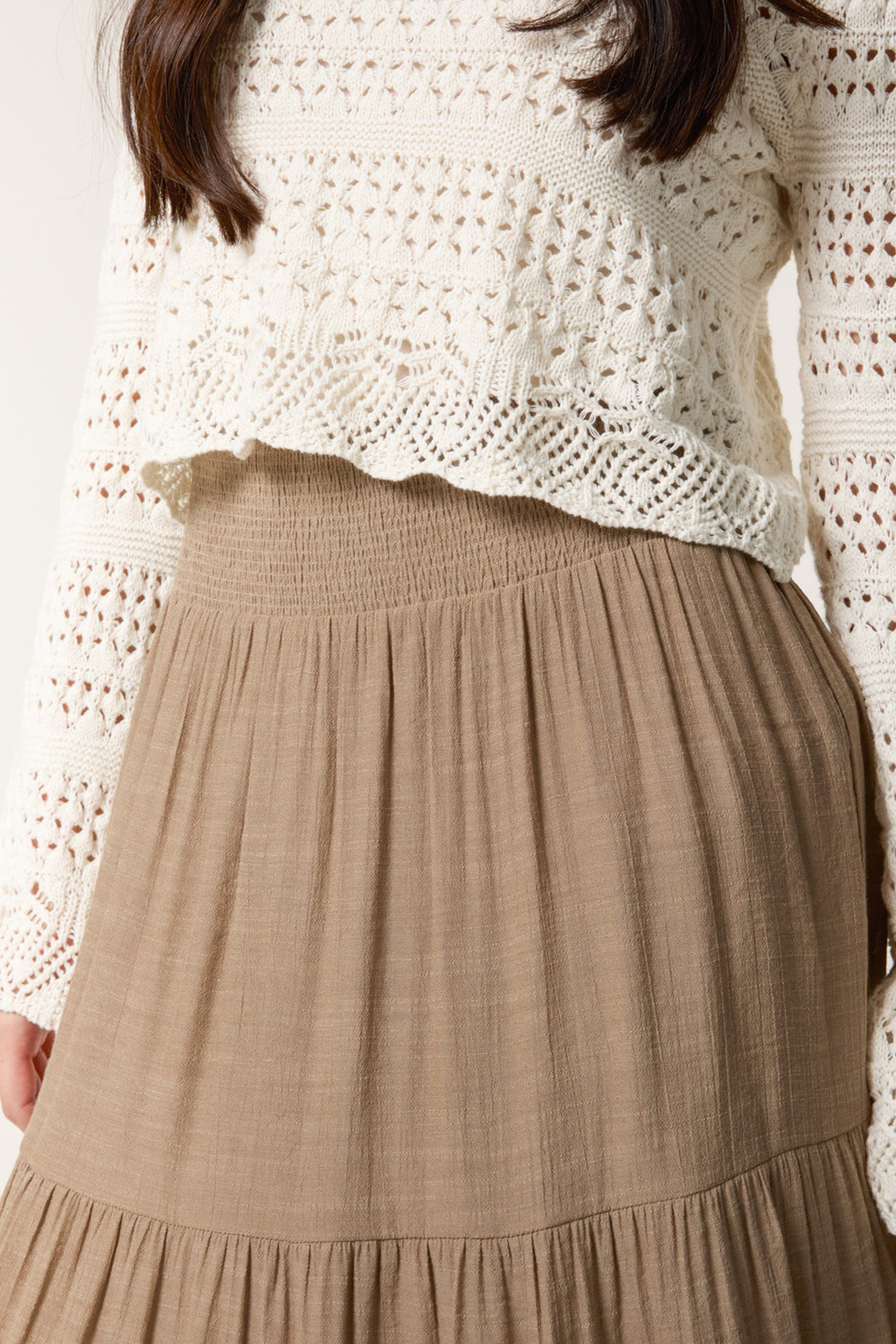 Women's Light Brown Pleated Waist Cake Layered Long Skirt - notariosoax