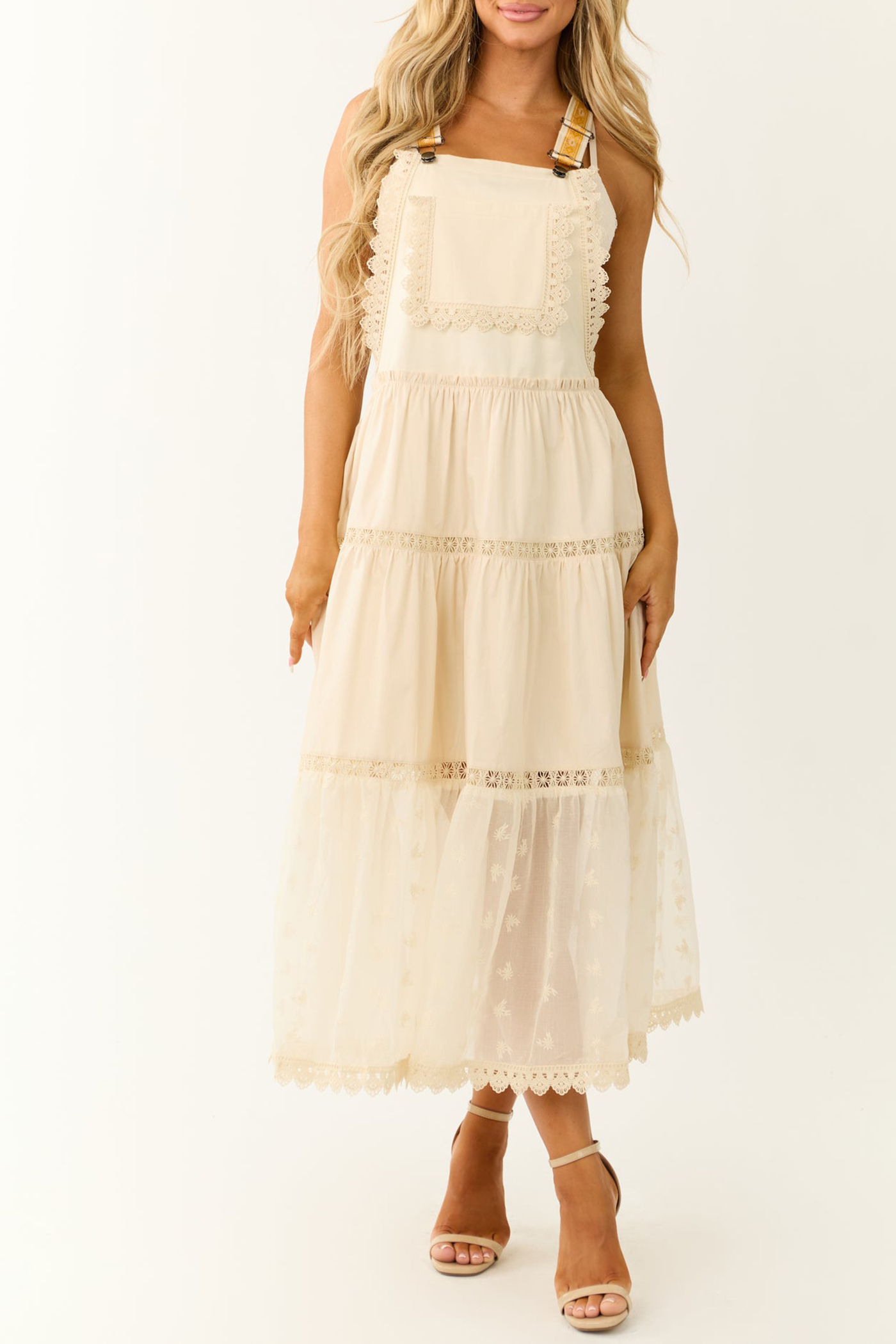 Almond Lace Tiered Overalls Maxi Dress - notariosoax