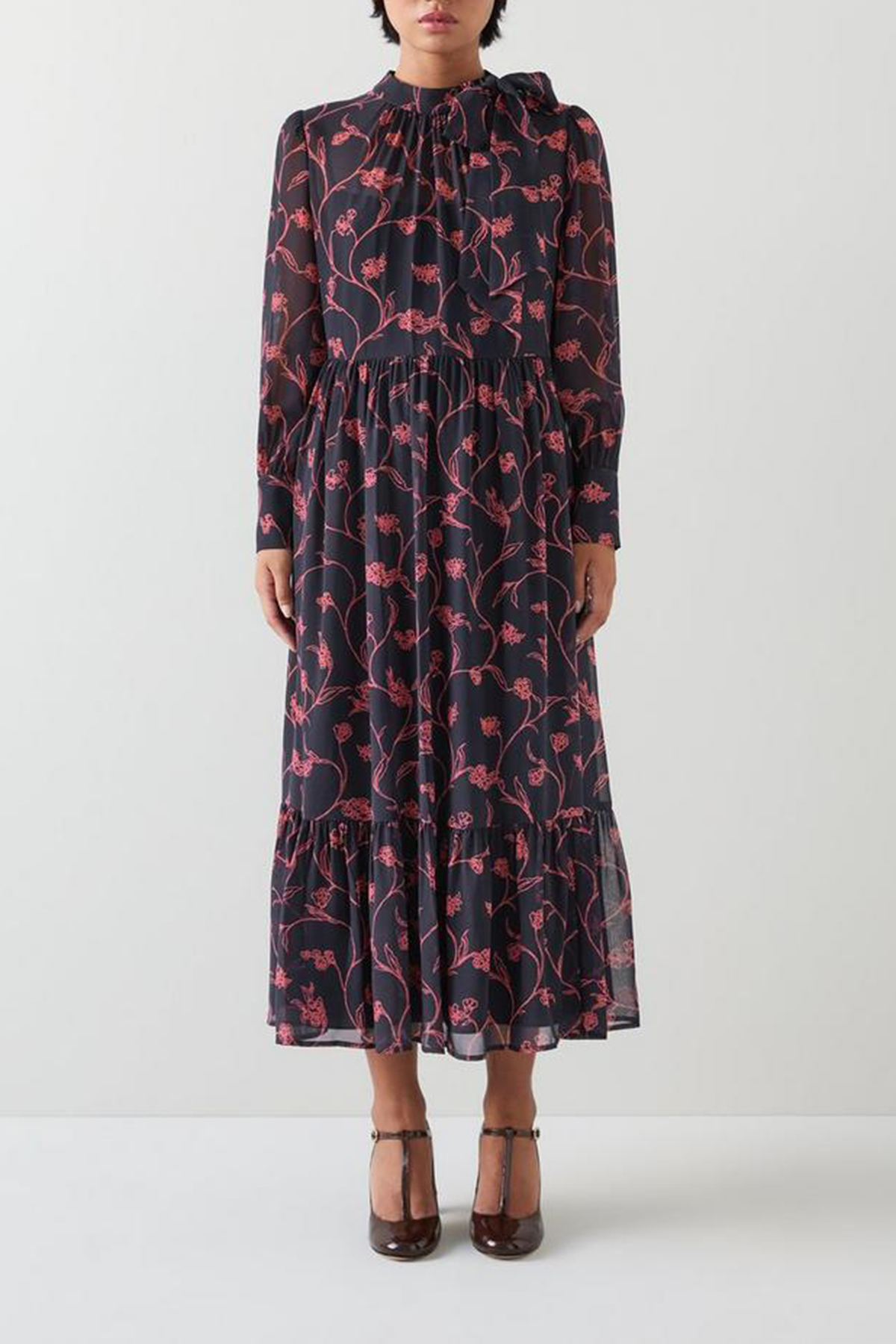 Dark Blue Pink Floral Long Sleeve Midi Dress - notariosoax