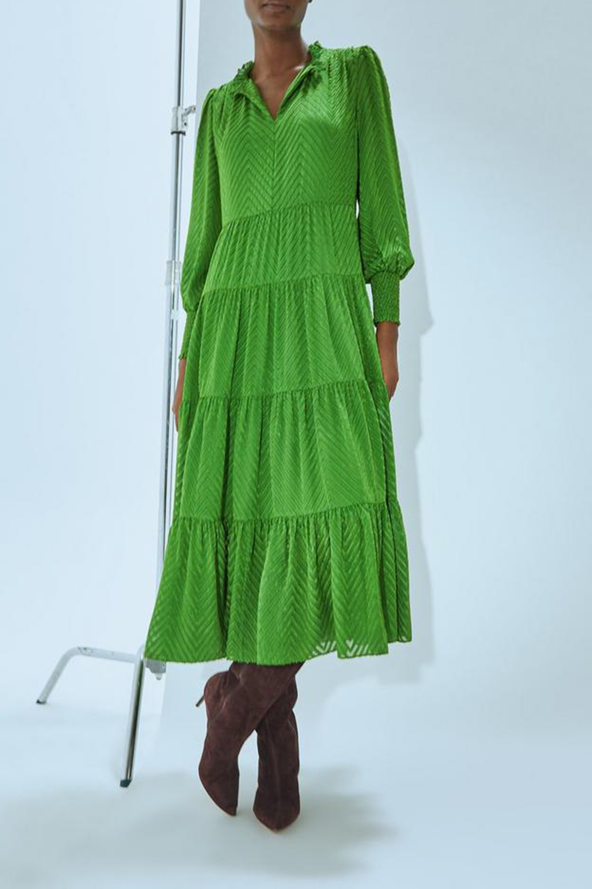 Green Tiered Long Sleeve Maxi Dress - notariosoax