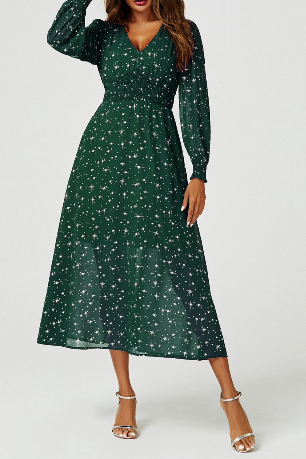Green Polka Dot Star V-Neck Long Sleeve Maxi Dress - notariosoax