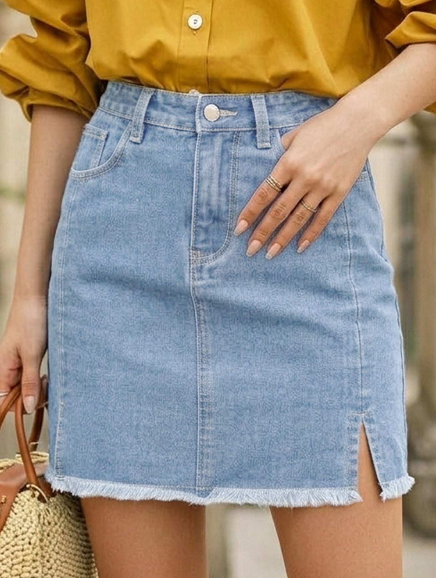 Denim Washed Slit Hem Mini Skirt - notariosoax