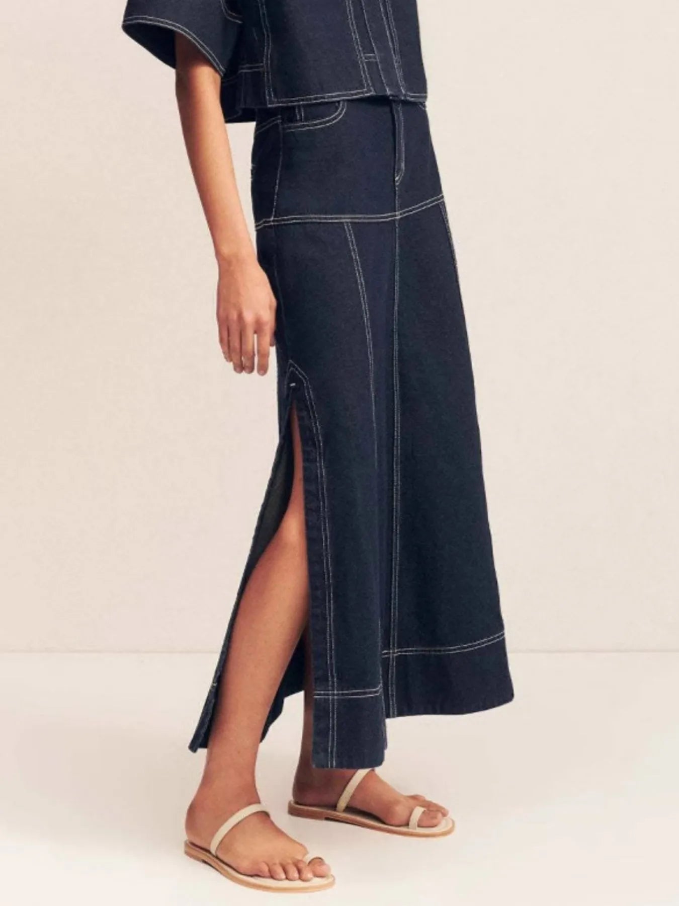High-Waist Side Slit Contrast Stitch Maxi Skirt - notariosoax