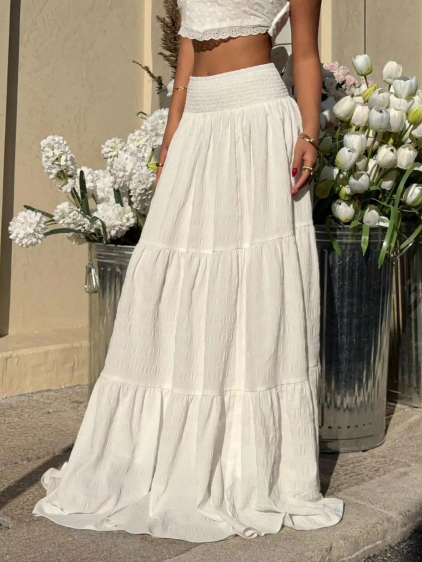 Smocked Tiered Flowy Maxi Skirt - notariosoax