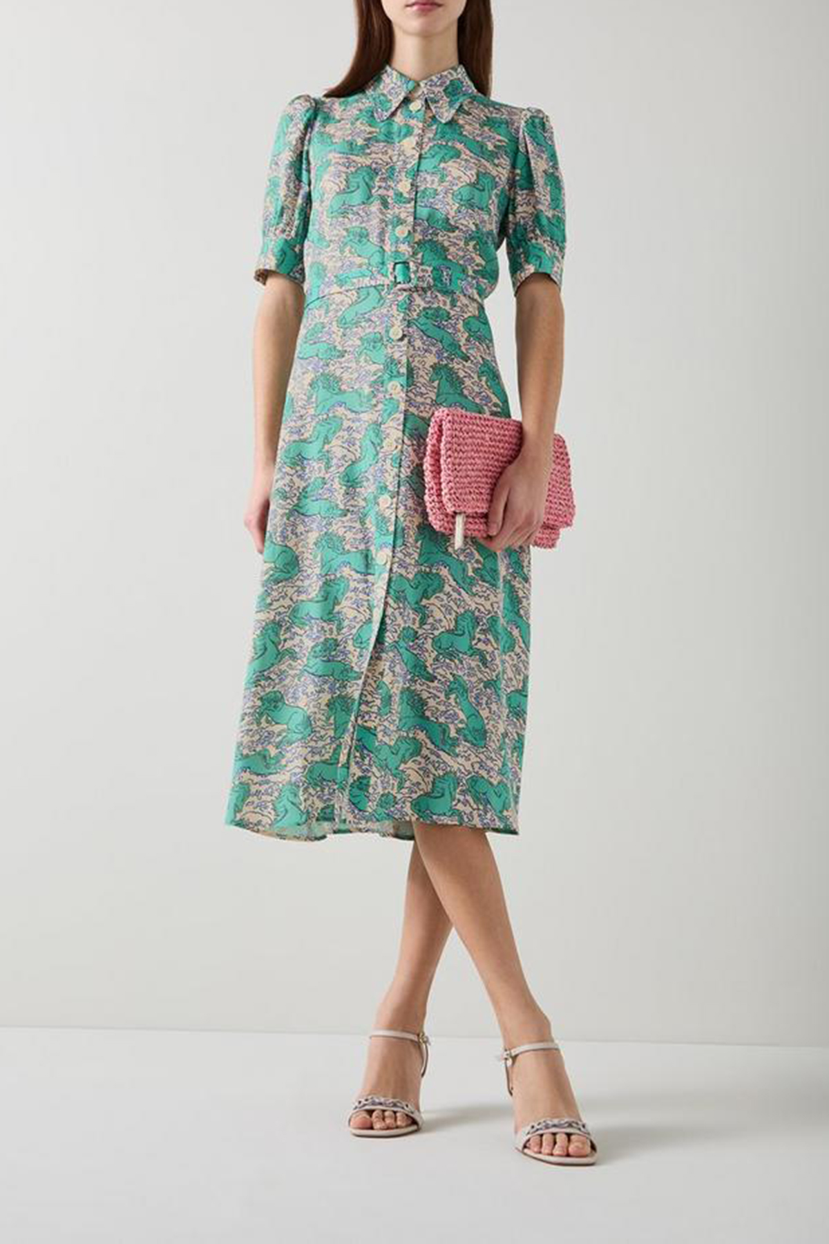 Green Floral Print Short Sleeve Midi Dress - notariosoax