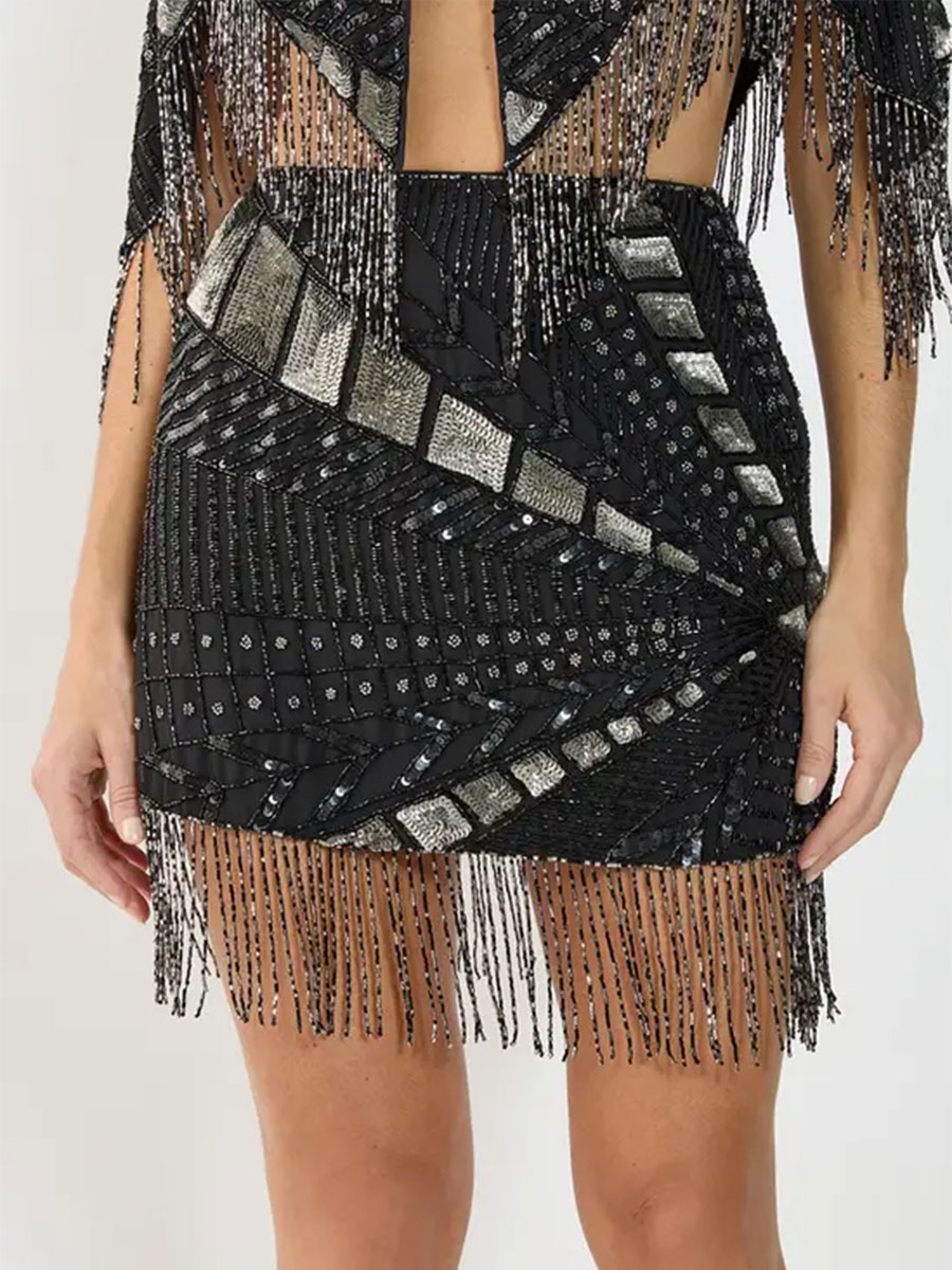 Women's Black & Silver Sequin Fringe Mini Skirt - notariosoax