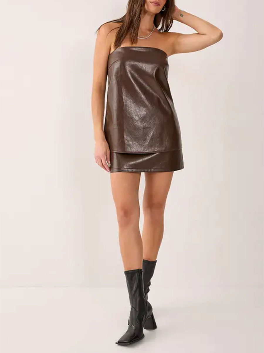 Lady's Fashionable Chocolate-Colored Glossy Leather Short Skirt - notariosoax