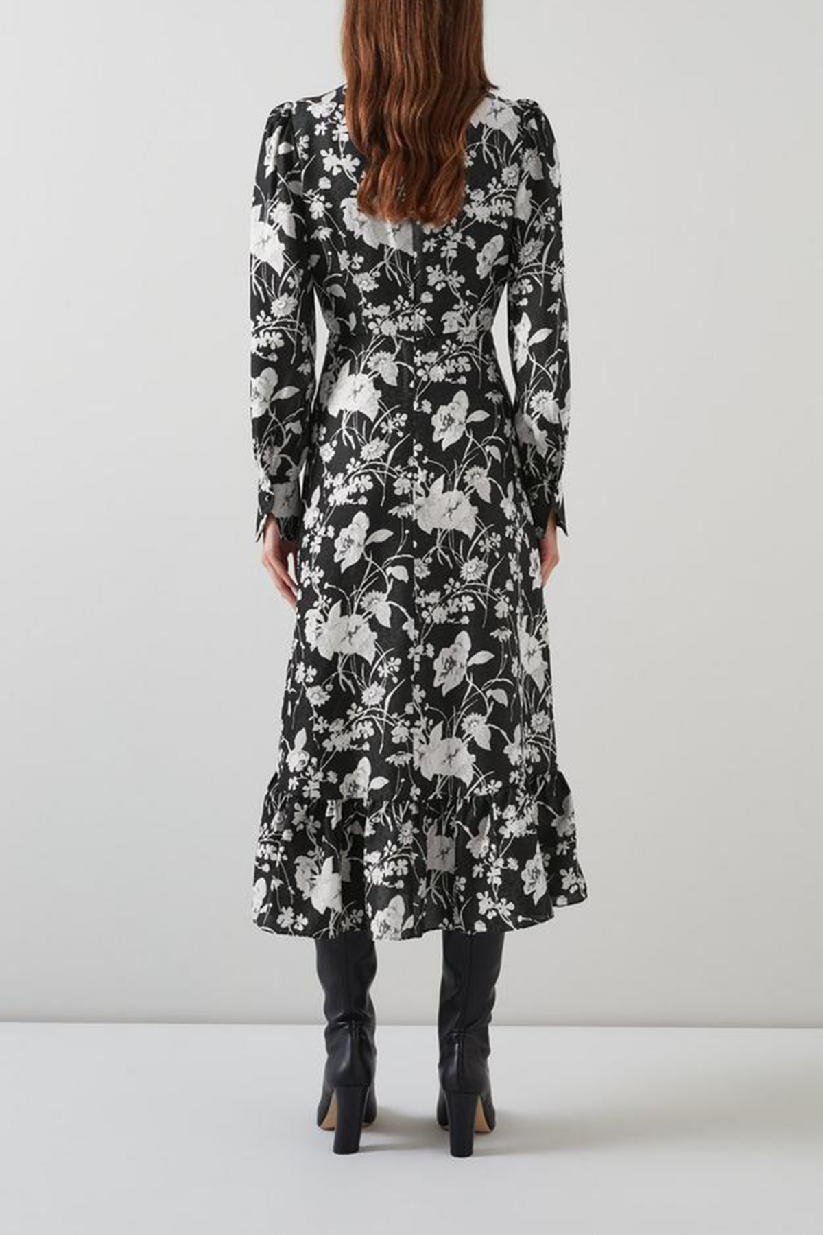 Black White Floral Print Long Sleeve Midi Dress - notariosoax