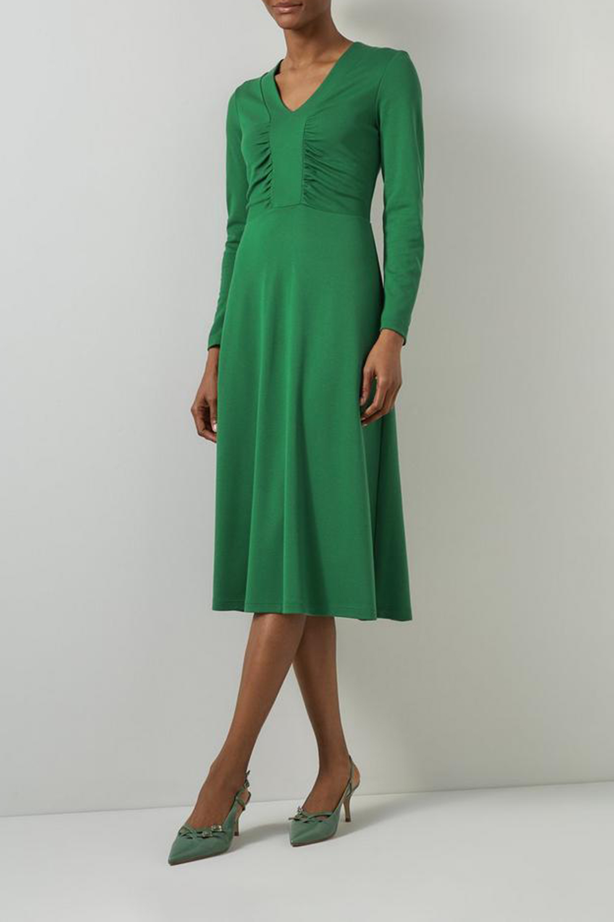 Green Ruched Front Long Sleeve Midi Dress - notariosoax