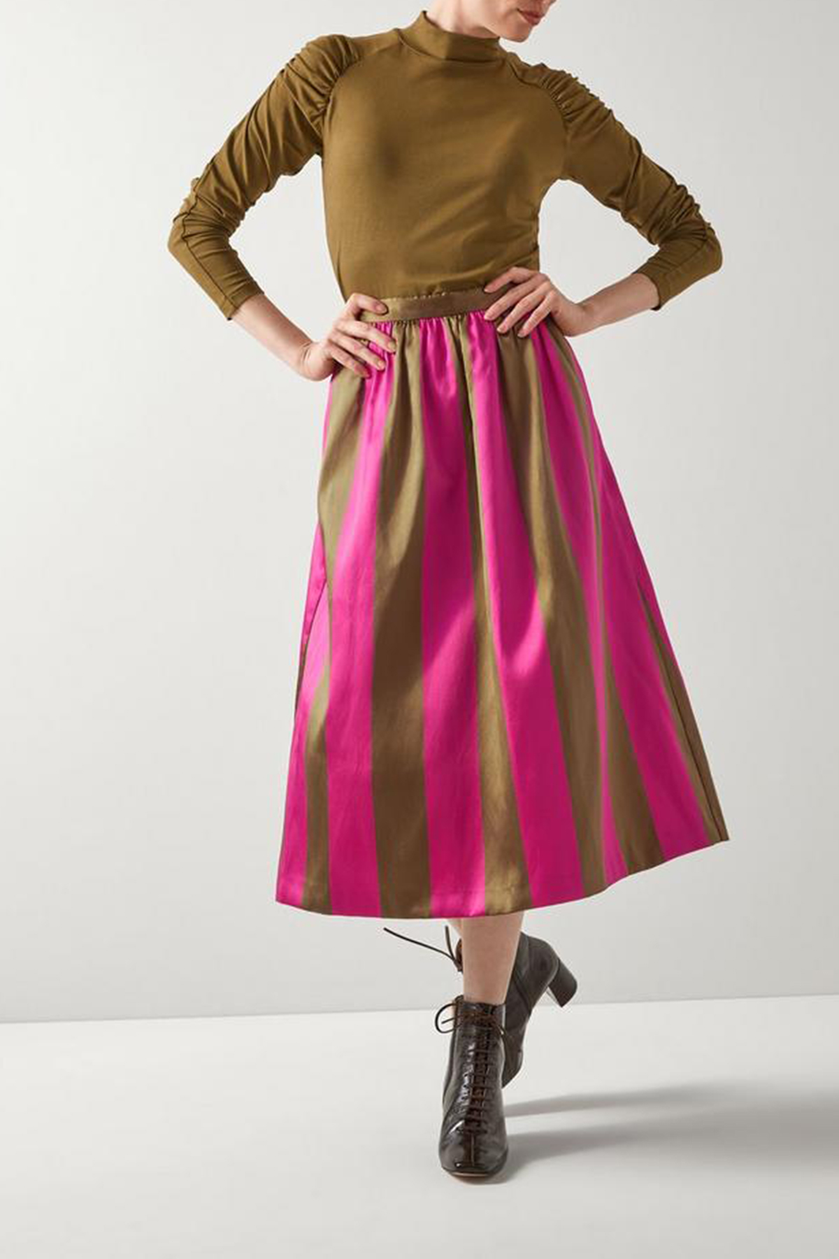 Olive & Magenta Striped Satin Midi Skirt - notariosoax