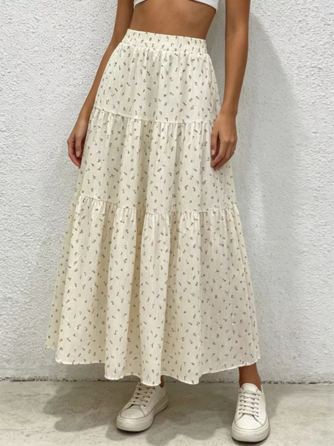 Floral Print Tiered Flowy Maxi Skirt - notariosoax