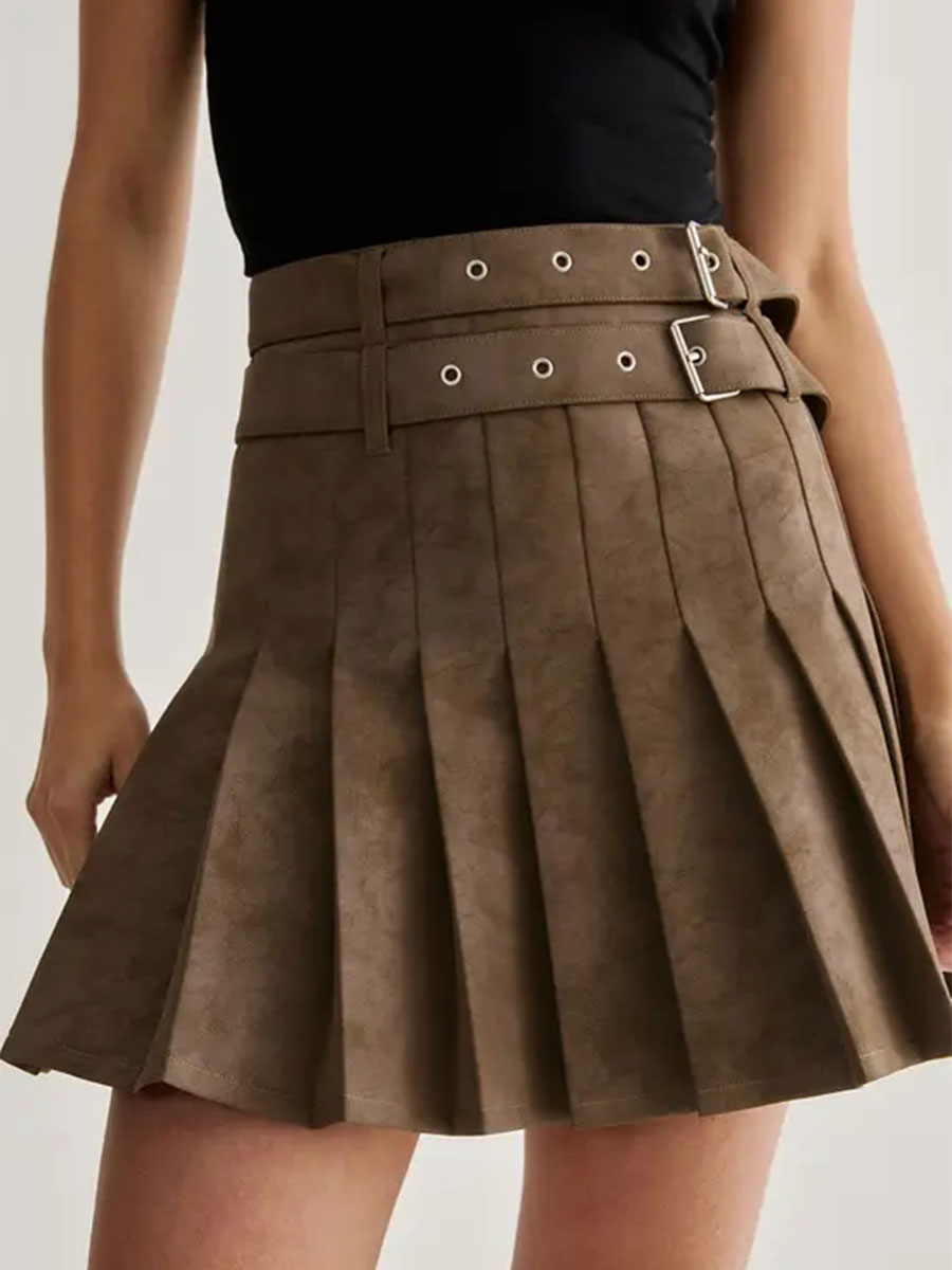 Lady's Fashionable Brown Belt-Embellished Pleated Skirt - notariosoax