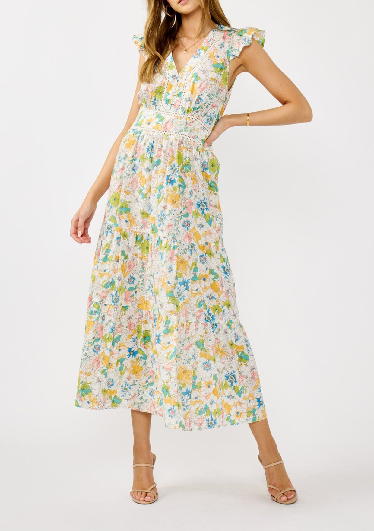 Ruffle Floral V-Neck Dress - notariosoax