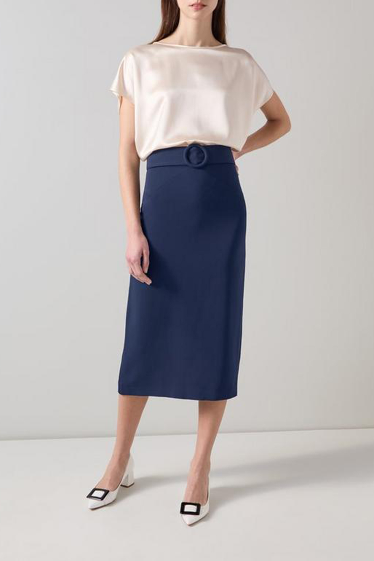 Navy Blue Belted Pencil Midi Skirt - notariosoax