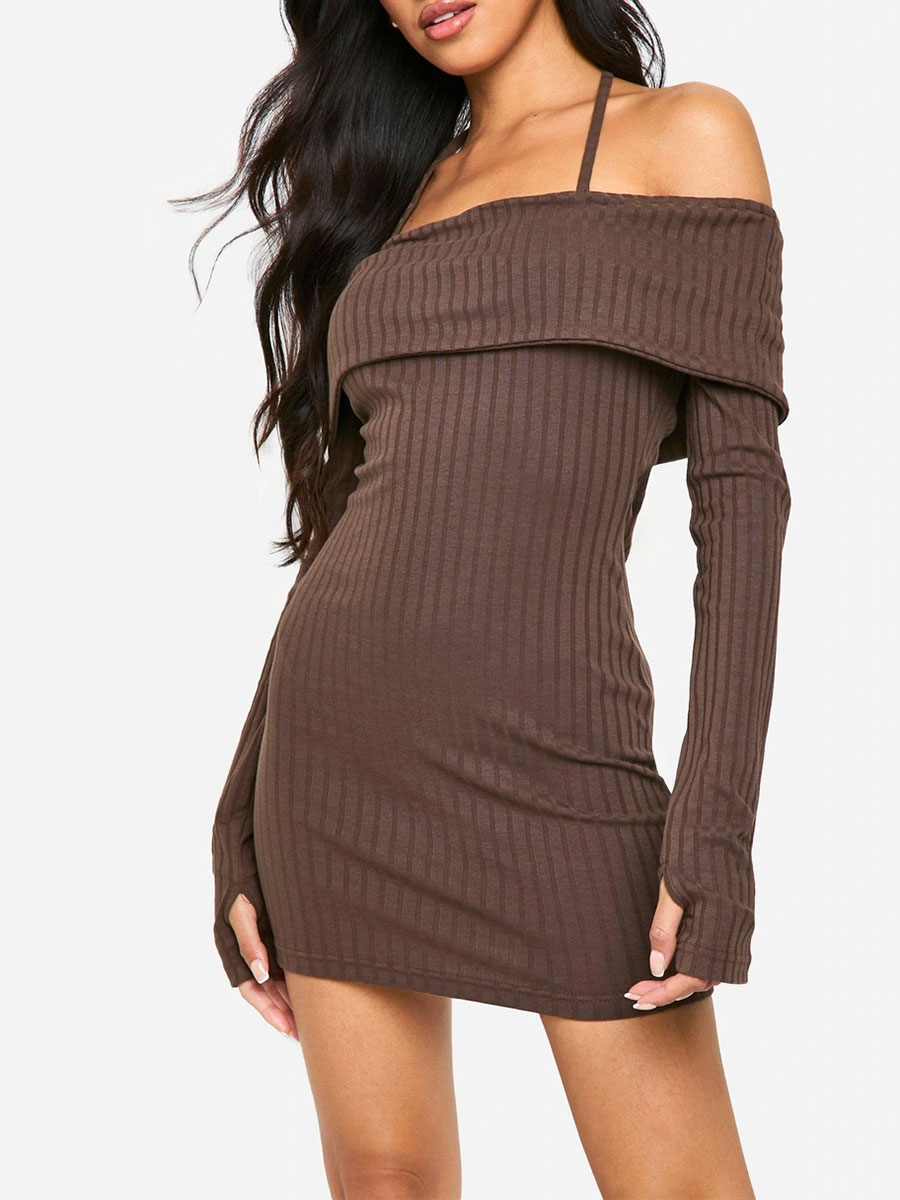 Women's  Ribbed Halter Off-The-Shoulder Mini Dress - notariosoax