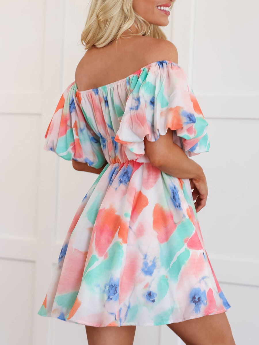 Watercolor Pattern Bubble Sleeve Dress - notariosoax