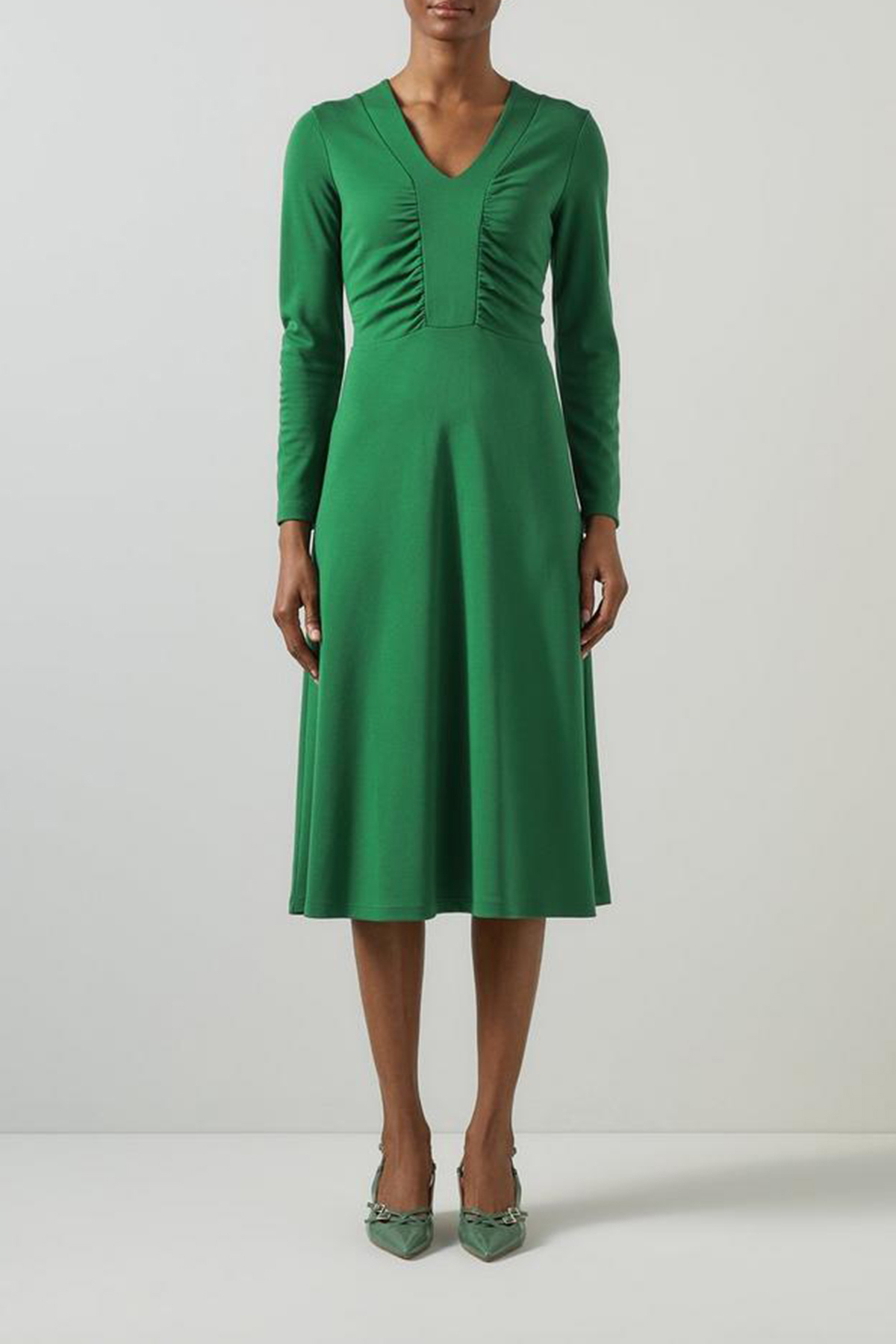 Green Ruched Front Long Sleeve Midi Dress - notariosoax