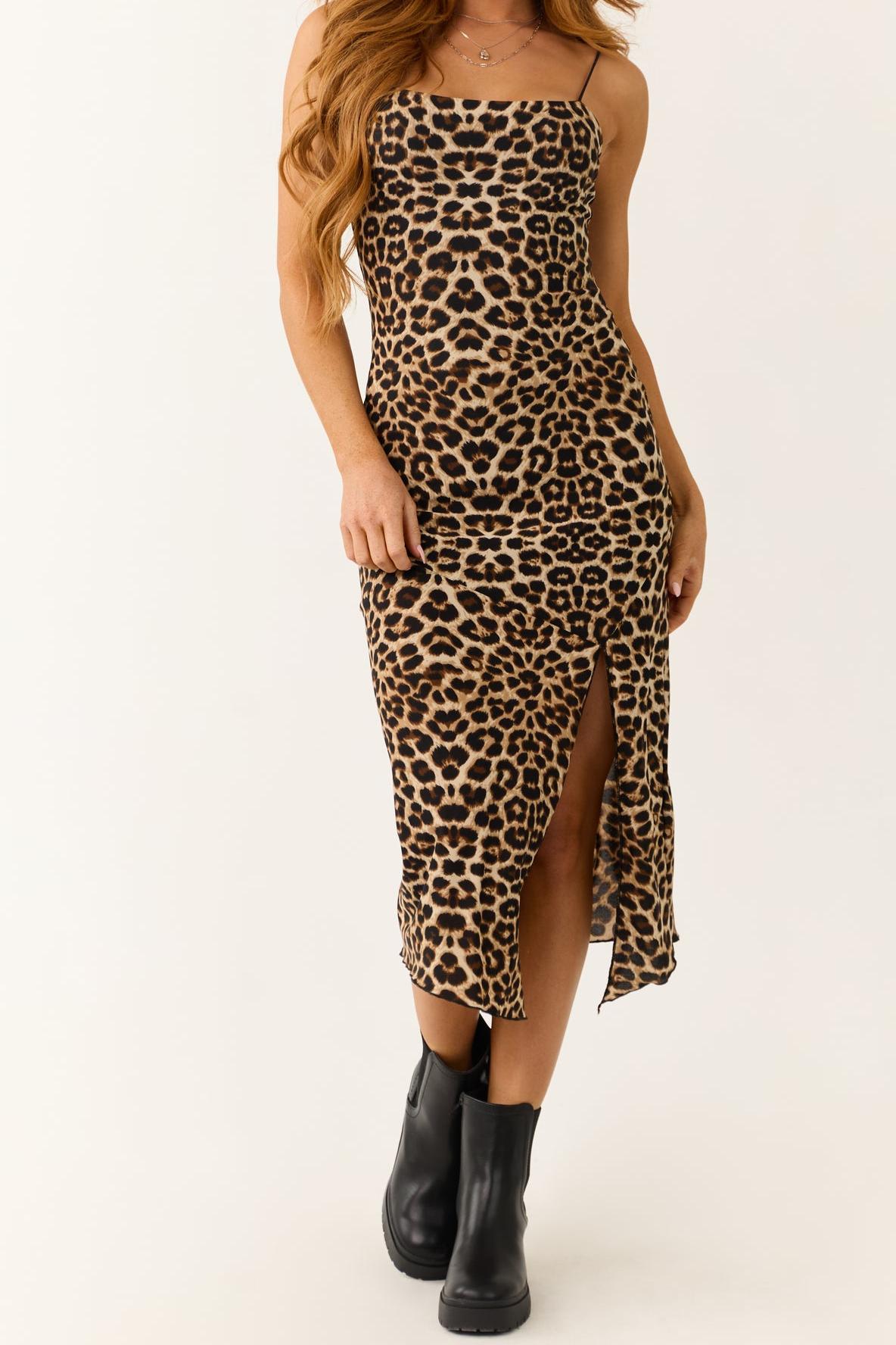 Camel Leopard Print Sleeveless Fitted Midi Dress - notariosoax