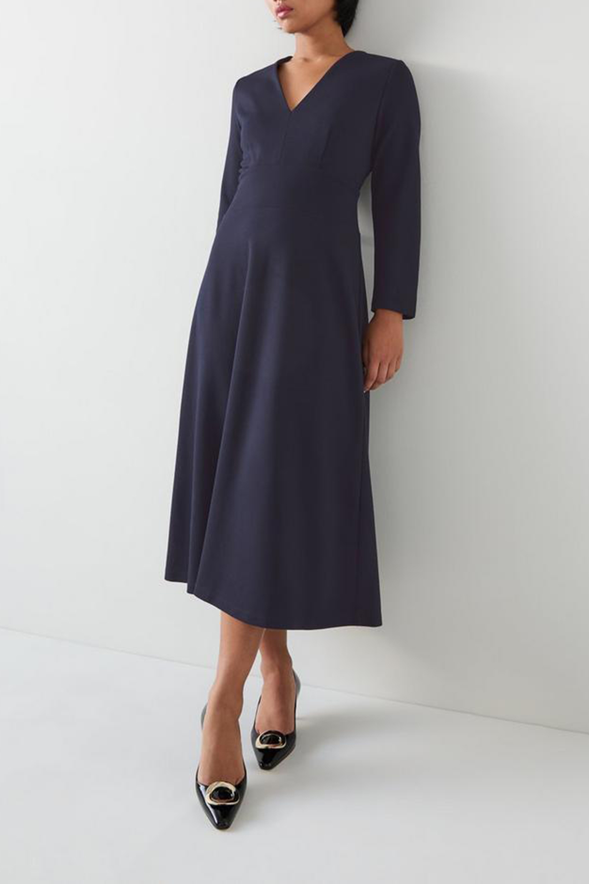 Navy Blue Long Sleeve V Neck Midi Dress - notariosoax