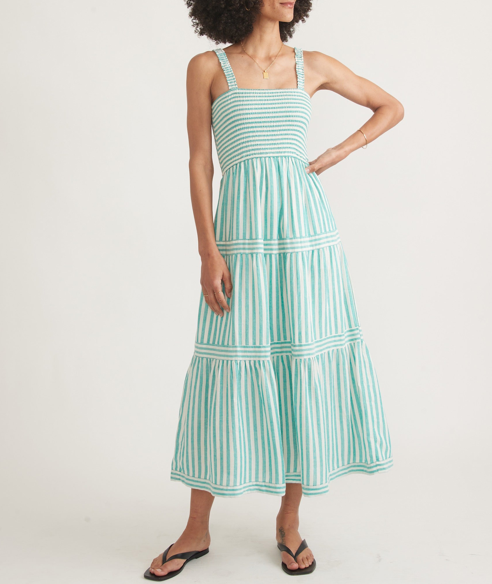 Turquoise Striped Tiered Midi Dress - notariosoax