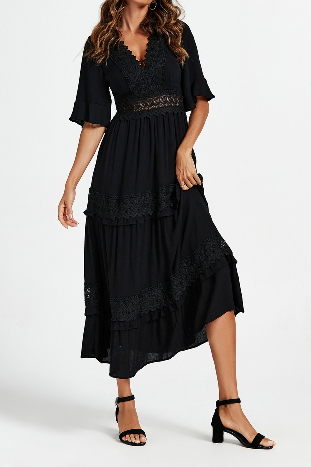Black V-Neck Lace Ladies Elegant Dress - notariosoax