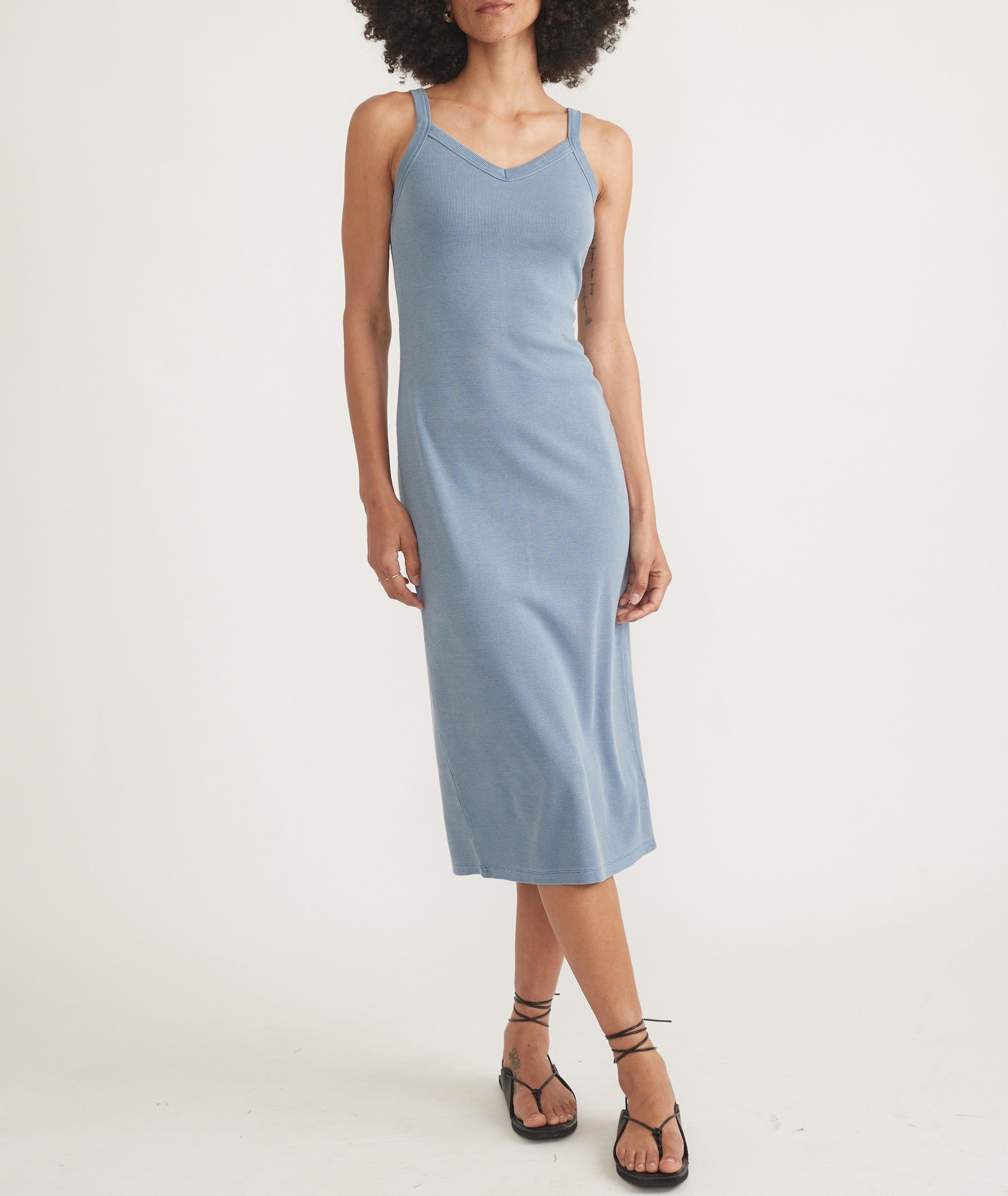 Light Blue Spaghetti Strap Ribbed Dress - notariosoax