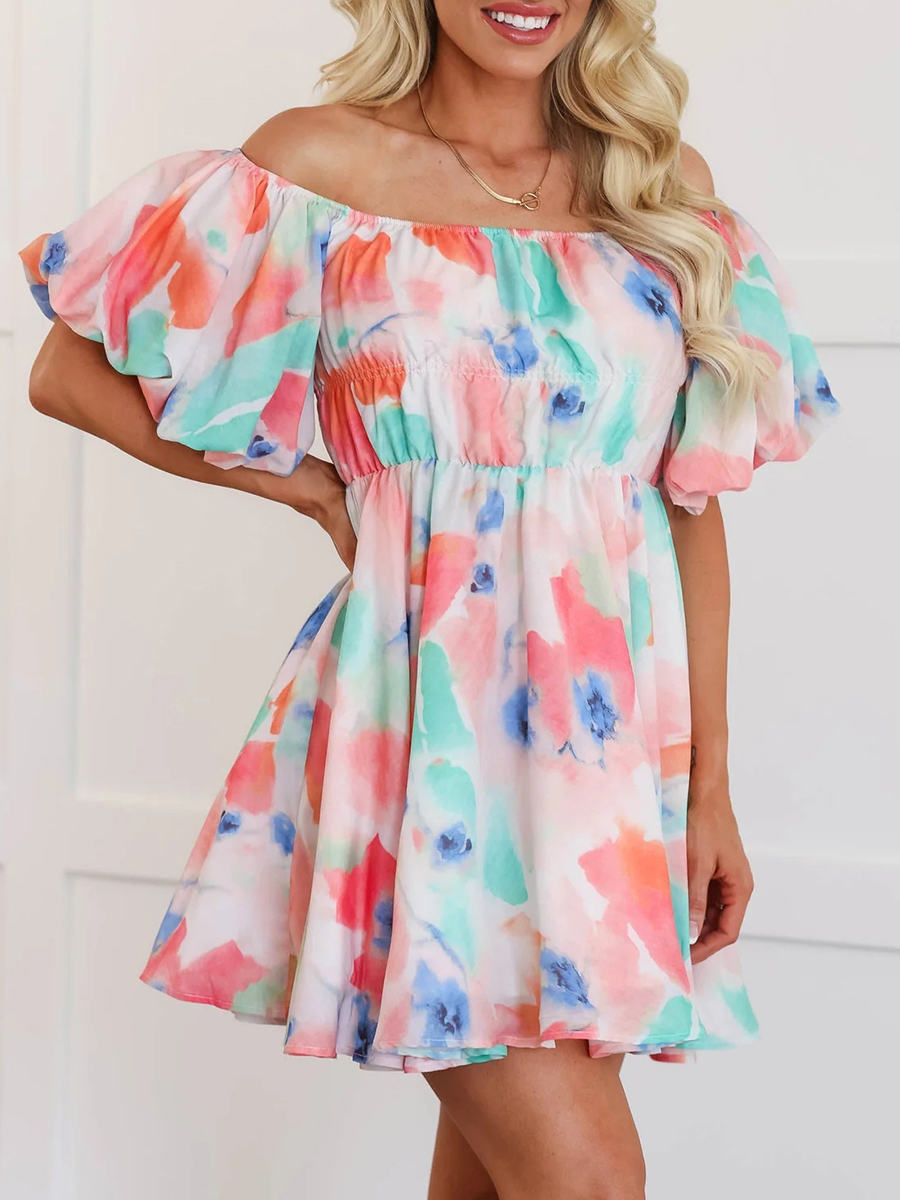 Watercolor Pattern Bubble Sleeve Dress - notariosoax