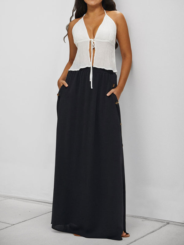 Smooth Button Front Pocket Detail Silhouette Skirt - notariosoax