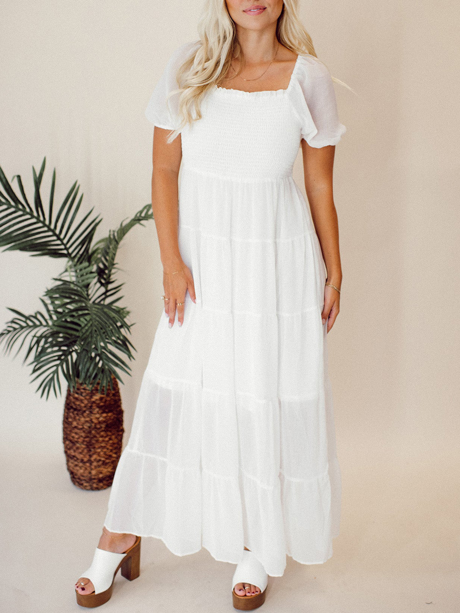 Square Neck Bubble Sleeve Layered Extra Dress - notariosoax
